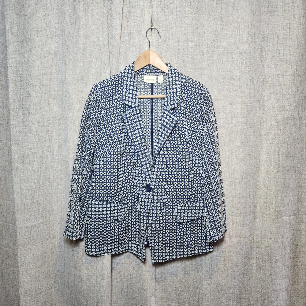 Chico's Tonga Blue Eyelet Blazer Womens 1(M) One Button 3/4 Sleeve Shoulder Pads